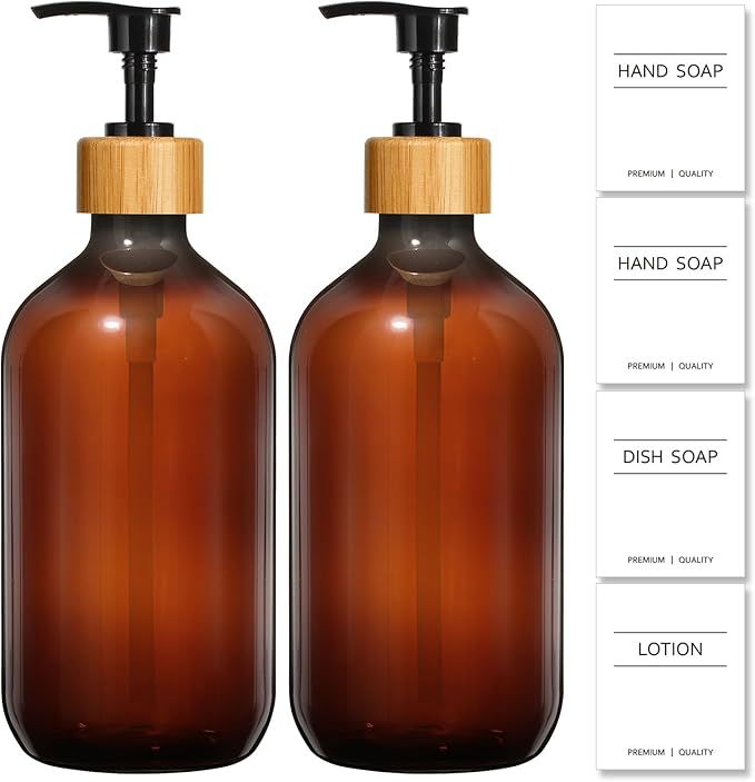 Amber Soap Dispenser Plastic, Brown Dish Soap Dispenser with Bamboo Pump for Kitchen,17 Fl Oz Hand and Dish Dispenser Set for Bathroom, Farmhouse Liquid Soap and Lotion Dispensers Bottle