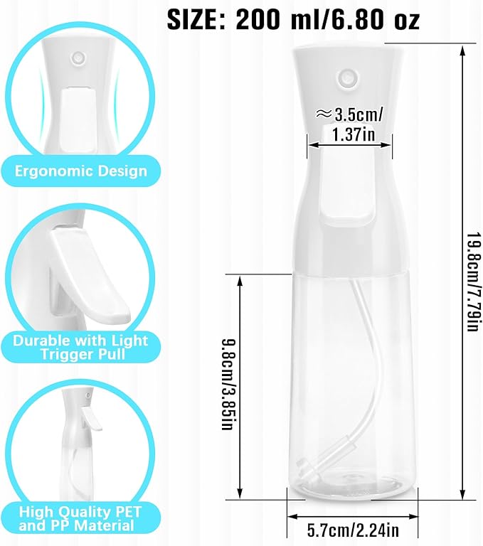 Spray Bottle For Hair,Continuous Water Mister for Hairstyling, Salons, Cleaning, Plants,Essential Oil Scents,Ultra Fine Mist Sprayer,6.8 OZ /200 ML-White(Christmas Gifts)