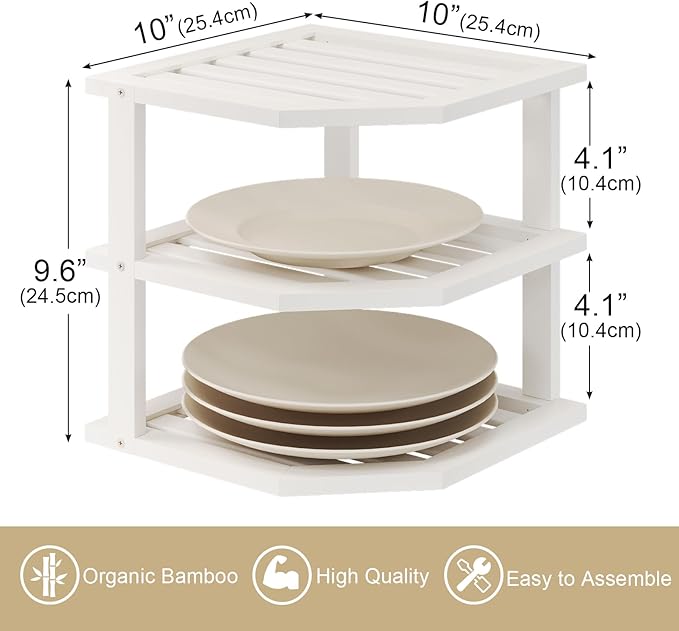 3 Tier Bamboo Corner Shelf(4 Pack),Dish Drying Rack,Plate Organizer,Kitchen Spice Rack for Countertop and Cabinet(White)