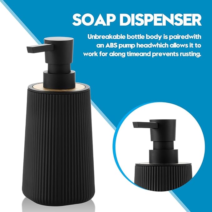 Small Soap Dispenser for Bathroom and Kitchen, Modern Farmhouse Striped Style Plastic Hand Soap Dish Soap Dispenser with Bamboo Decor Black