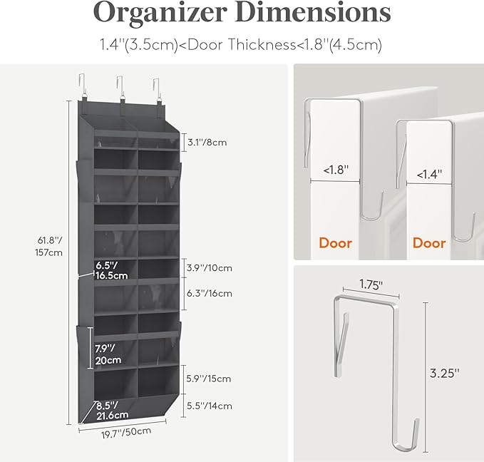 Lifewit 1 Pack Over the Door Organizer, Clear Window Hanging Storage with 4 Mesh Side Pockets, Anti Tilt 40 lbs Load Behind Door for Pantry, Nursery, Bathroom, Bedroom, Dorm, 12 Section, Gray