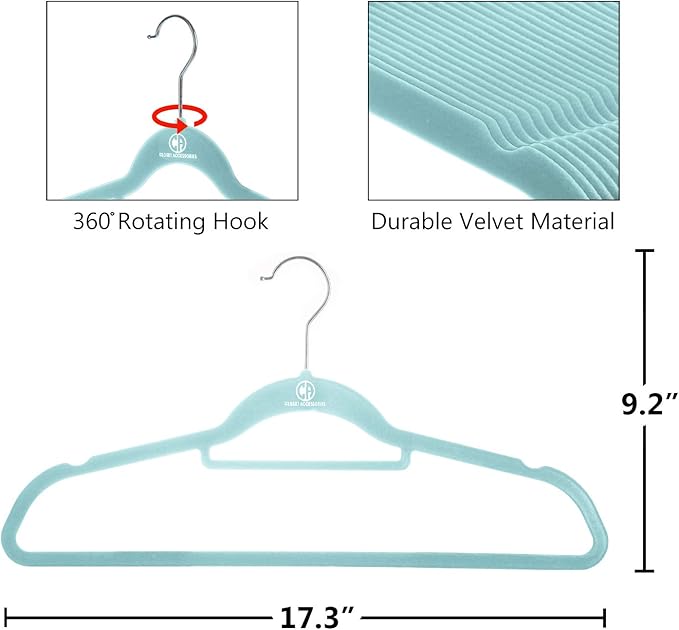 Velvet Hangers, Non-Slip Ultra Slim Space Saving Hanger, with notches, tie bar, and Swivel Hooks, 30 Pack, with Bonus 20 Matching Velvet Finger Clips. Blue (Aqua)
