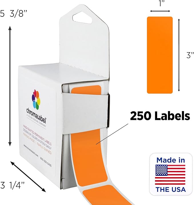 ChromaLabel 1 x 3 Inch All Purpose Permanent Color Code Rectangle Labels, 250 Labels per Dispenser Box, Orange