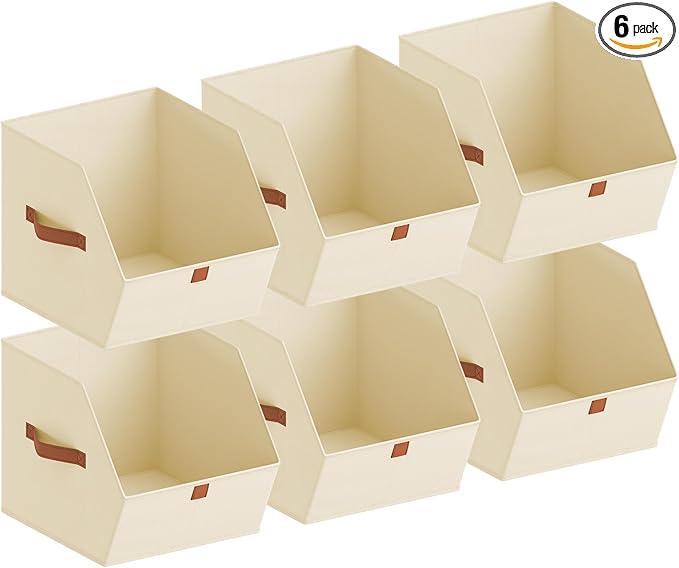 Fabric Closet Storage Cubes - 6 Pack Square Storage Bins with Dual Handles for Clothes, Towels, Toys, Cube Storage Organizers for Bedroom, Nursery, Shelves, Closet, Small Spaces, Beige