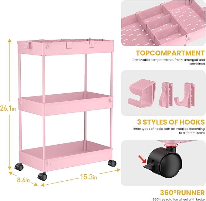 SPACELEAD 3 Tier Rolling Cart with Wheels, Storage Craft Art Trolley Organizer Serving, 3 Hanging Baskets Easy Assembly, for Office, Living Room, Kitchen, Pink
