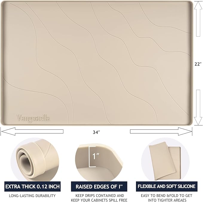Heavy Duty Silicone Under Sink Mats for Kitchen Waterproof 22" x 22", Extra Thick Under Sink Rubber Mat Drip Tray, Raised Edge Under Sink Liner,Prevent Drips, Leaks, Spills,Taupe