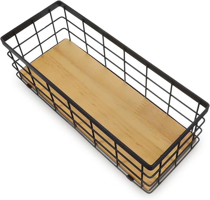 Set of 2 Small Wire Baskets, Narrow Black Metal Storage Bins for Bathroom Counter & Kitchen, Farmhouse Rustic Organizer Trays for Pantry, Office, RV, Countertop Decoration
