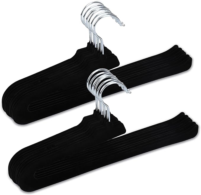 Velvet Pants Hangers - 16 Pack Black Non Slip Open Ended Hanger with 360 Swivel Hook - Closet Space Saving Hanger for Heavy Pants, Jeans, Trousers, Scarf