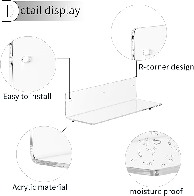 12 Inches Clear Wall Shelves, Moisture-Proof, Acrylic Bathroom Wall Shelves, Clear Floating Shelves for Bathroom, Bedroom, Living Room, Retail, 2 Pack
