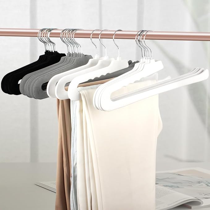 Velvet Pants Hangers,16 Pack Black Non Slip Felt Slack/Trouser Hanger,Slim & Sleek Heavy Duty Space Saving Closet Hanger with 360° Swivel Hook,Tank Top Hangers for Shorts,Jeans,Suit Pants,Towel