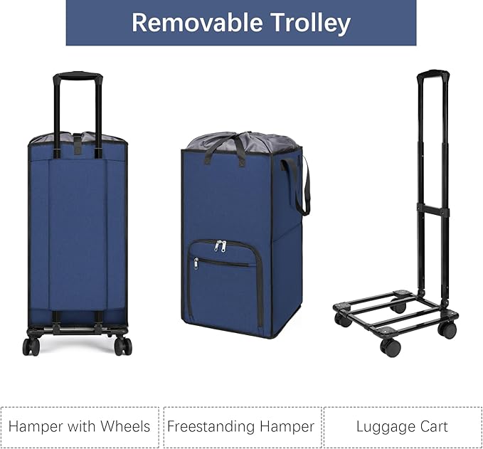 Bukere Extra Large Rolling Laundry Basket with Wheels, 90L Freestanding Collapsible Laundry Hamper Bag for Clothes Storage, Removable Wheeled Cart for College Dorm Apartment Laundry Room Bathroom