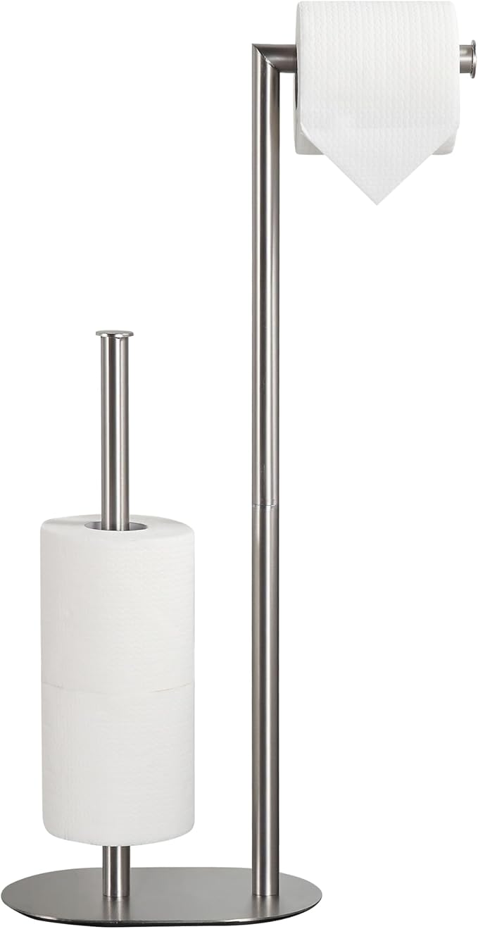 KLDKLD Brushed Nickel Freestanding Toilet Paper Holder with Reserve for Bathroom with Weighted Base, Modern Tissue Roll Holder Stand