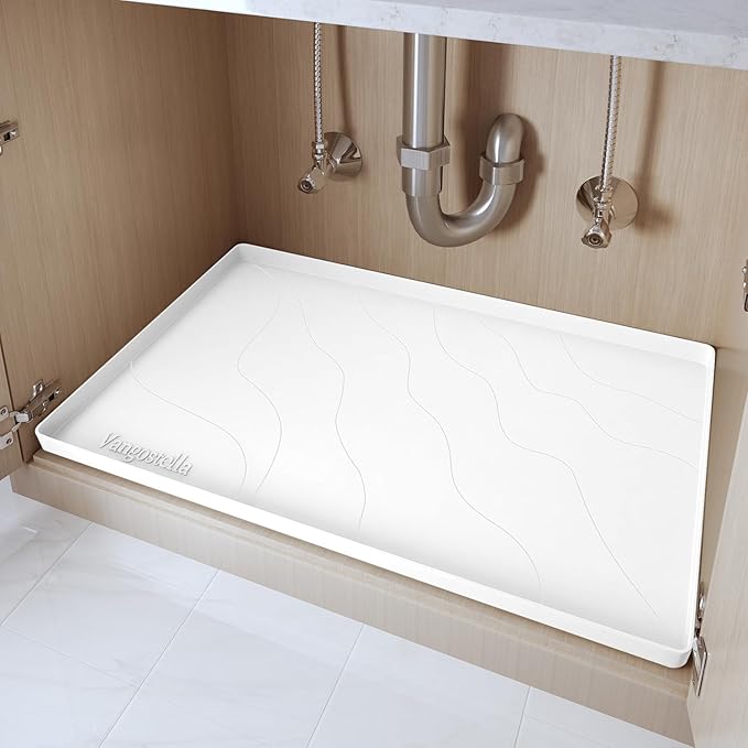 Premium Under Sink Mats for Kitchen Waterproof 34" x 22", Extra Thick Non-Slip Silicone Under Sink Liner Drip Tray, Raised Edge Under Sink Cabinet Mat,Prevent Drips, Leaks, Spills,White