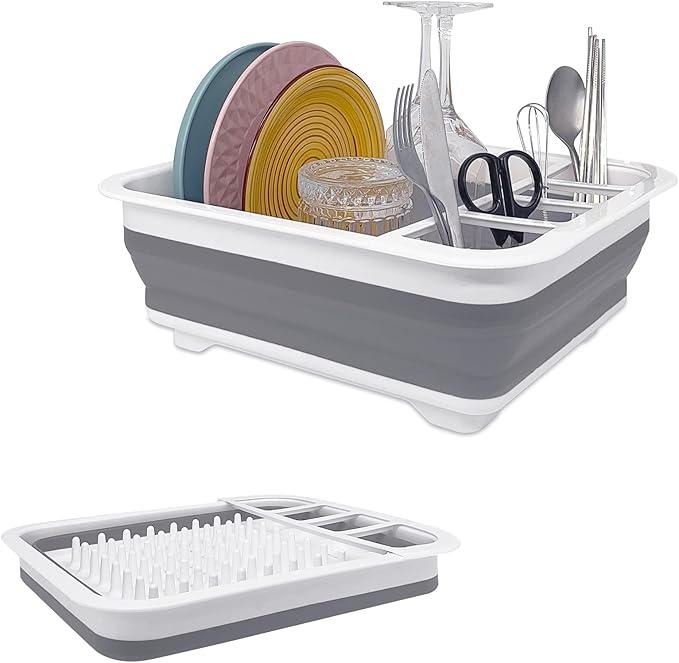 Collapsible Dish Rack for Drying Dishes - Space-Saving and Foldable Design with Versatile Removable Components - Dinnerware Storage Organizer for Small Kitchen Spaces