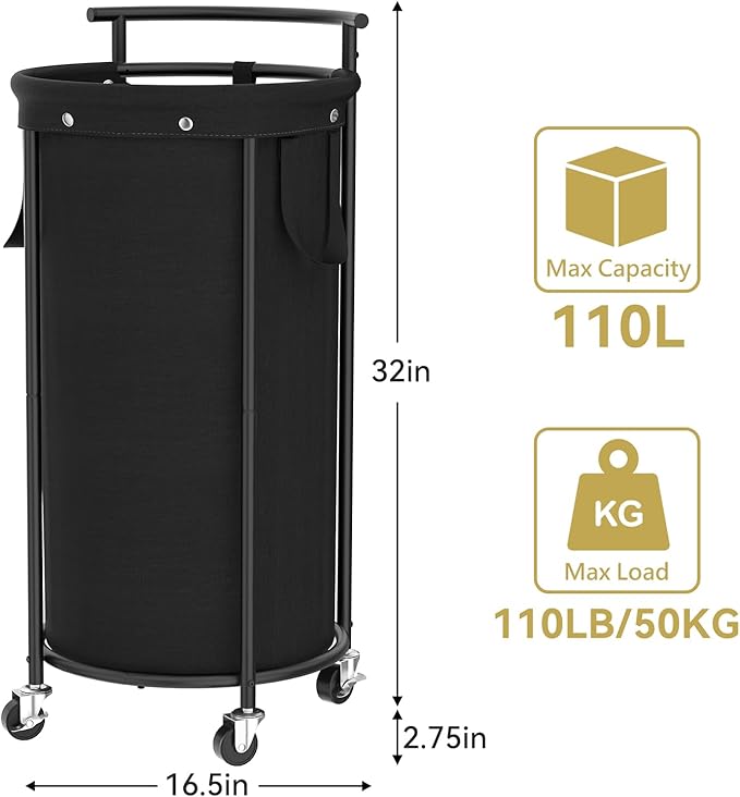 Chrislley 110L Laundry Hamper with Wheels,Rolling Laundry Basket with Removable Bag,Round Iron Laundry Cart with Steel Frame and Handle,Dirty Clothes Hamper Organizer for Dorm,Laundry Room(Black)