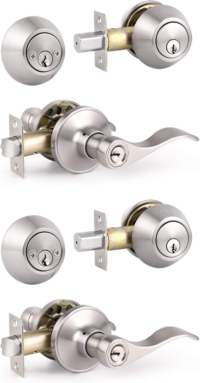 Knobonly 2 Pack Wave Handle Keyed Entry Door Lever Lock for Exterior Door with Lock and Key and Double Cylinder, Reversible for Right & Left Side, Keyed Alike Satin Nickel