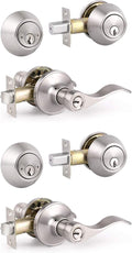 Knobonly 2 Pack Wave Handle Keyed Entry Door Lever Lock for Exterior Door with Lock and Key and Double Cylinder, Reversible for Right & Left Side, Keyed Alike Satin Nickel