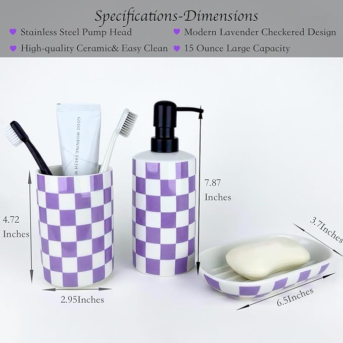 Bathroom Toothbrush Holder Set, Ceramic Soap Dispenser and Tooth Brush Holder& Soap Dish Set 3Pcs, Bathroom Accessories Sets Countertop, Purple Lavender Checkered Bathroom Decor