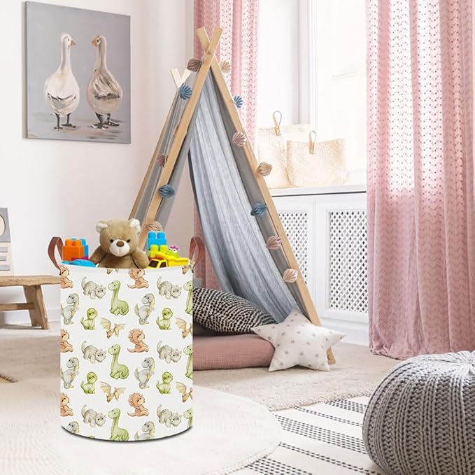 19.7" Laundry Basket,Dirty Clothes Hamper,Waterproof Storage Bin,Room Decor,Gift Baskets,Nursery Hamper(Watercolor Dinosaur)