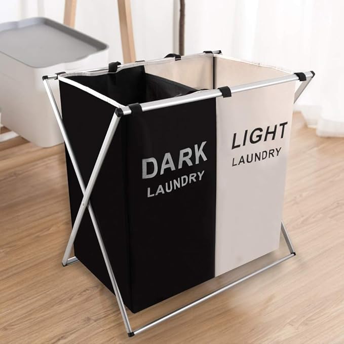 Nicesail Laundry Basket 2 Section Hamper Washing Storage Basket Bag, Folding Hamper Waterproof & Aluminum X-Frame, Cloth Organizer Durable Laundry Basket for Bathroom Home with Carrying Handle