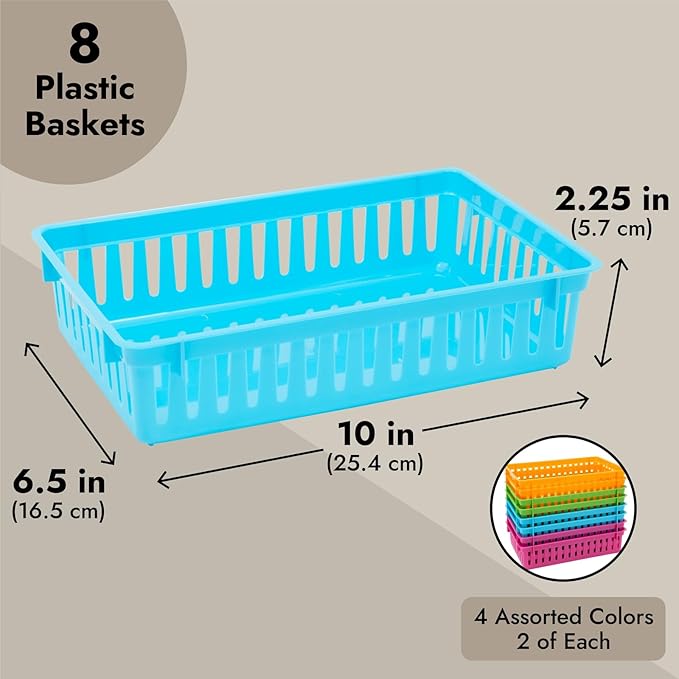 Bright Creations 8-Pack Plastic Bins - 10.25 x 6.5 x 2.3 In, Multicolor Classroom Bins - Storage Baskets for Organizing Shelves, Arts & Crafts, Toys