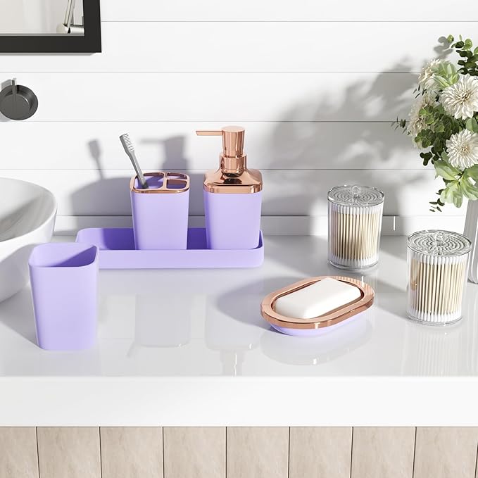 9-Piece Bathroom Accessories Set, Purple Bathroom Accessories Sets Complete with Trash Can,Tray,Soap Dispenser,Toothbrush Holder,Toothbrush Cup,Soap Dish,Toilet Brush and Q-tip Holders