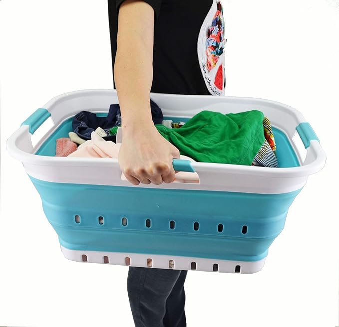 SAMMART 42L (11 gallon) Collapsible Plastic Laundry Basket - Foldable Pop Up Storage Container/Organizer - Portable Basket - Space Saving Hamper/Basket (2, White/Bright Blue)