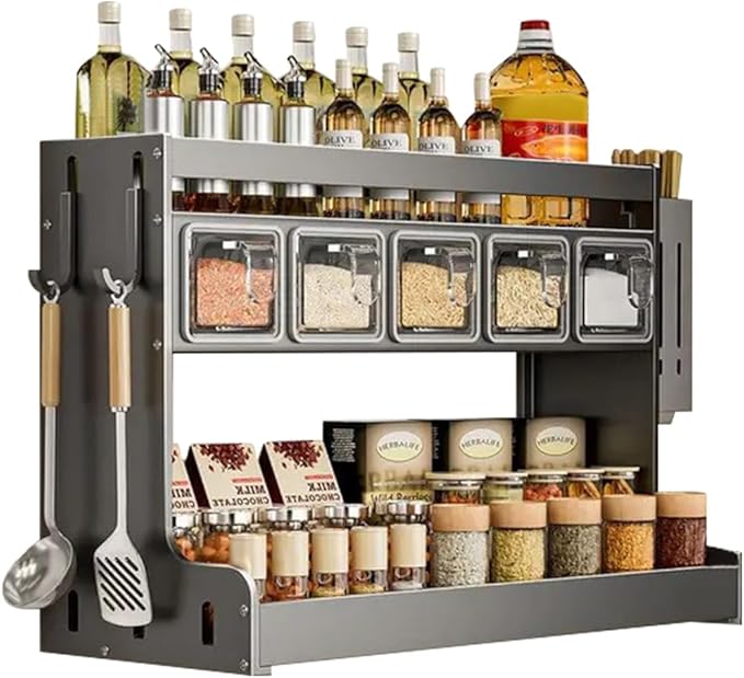 Kitchen Seasoning Shelf Spice Rack Wall Mount with Hooks and Utensil Holder Hanging Seasoning Box Shelf Seasoning Jar Organizer for Sugar Salt Pepper Oil Bottle (5 Boxes)