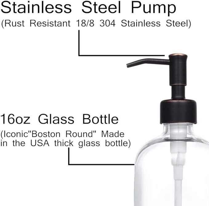 2 Pack Thick Clear Glass Pint Jar Soap Dispenser with Oil Rubbed Bronze Stainless Steel Pump, 16ounce Clear Boston Round Bottles Dispenser with Rustproof Pump for Essential Oil, Liquid Soap
