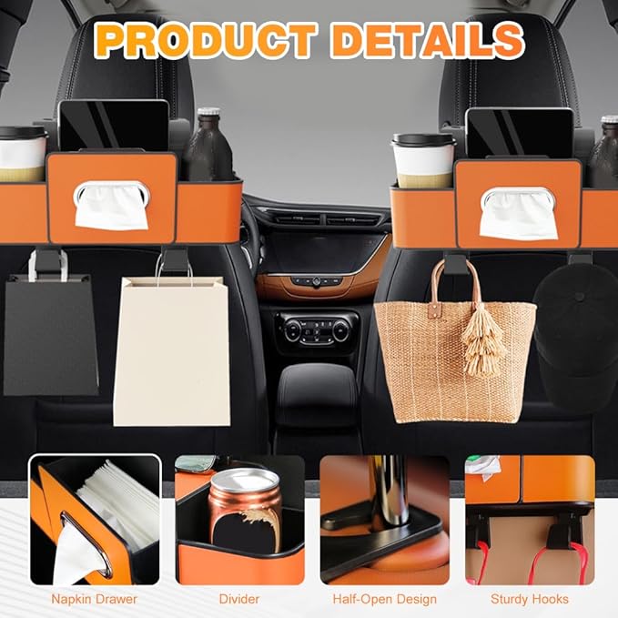 3-in-1 Car Backseat Organizer with Cup Holder, Tissue Box, Trash Bin & Hooks, 2026 Multifunctional Back Seat Car Organizer for Phones, Snacks, Drinks, and Handbags (white)
