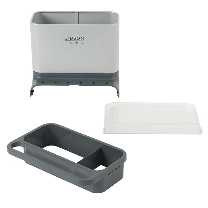 Gibson Home Ledgebrook Sink Caddy with Metal Panel, Metal Sponge Holder for Kitchen Sink, Countertop Organizer and Storage Essentials with Drain Board