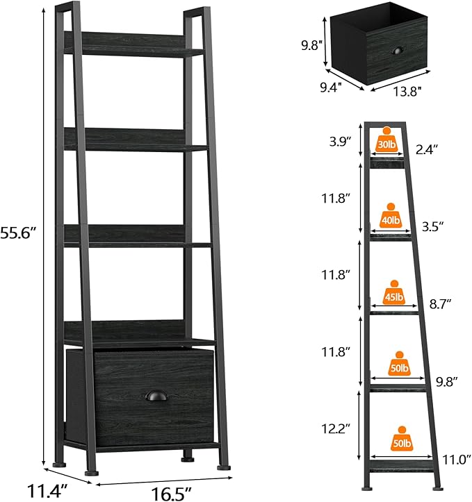 Furologee Ladder Shelf, Ladder Bookshelf with Drawer, Industrial 5 Tier Book Shelf, Display Open Bookcase Storage Shelves for Books, CDs, Photos, Black Shelving Unit for Home Office, Living Room