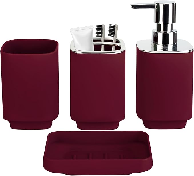 4Pack Bathroom Accessories Set, Bohemian Bathroom Sink Set, Contain Soap Dispenser, Toothbrush Holder, Soap Dish & Mouthwash Cup,Square soap and Toothbrush Holder Set