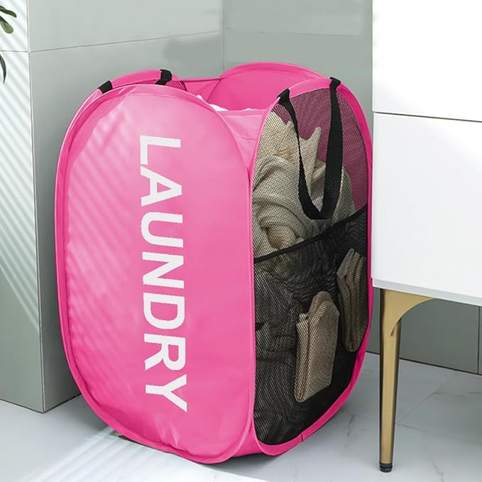 Larpur Pop Up Laundry Baskets, 2 Pack Mesh Laundry Hampers with Handles, Collapsible Clothes Hampers Mesh Basket for Home, Dorm, Travel (Gray + Pink)