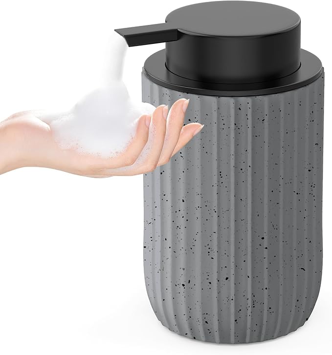 Ceramic Foaming Hand Soap Dispenser，12 oz Bathroom Soap Dispensers， Lotion Dispenser for Kitchen, Refillable Matte Streaks Soap Dispenser with Large Pump (Gray)