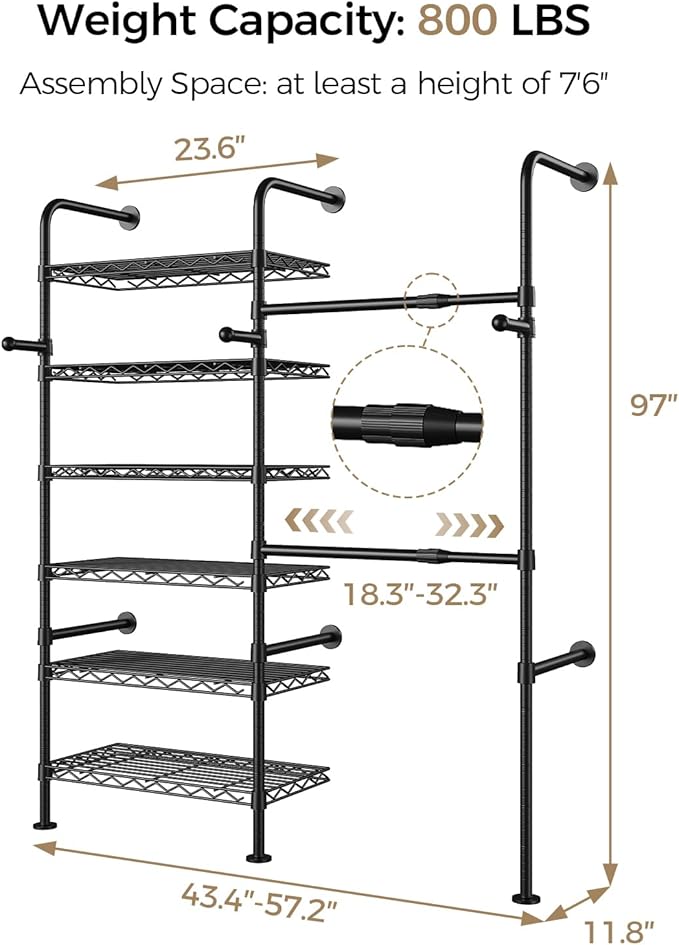 Closet Organizers and Storage, 2-Row Heavy Duty Garment Rack Clothes Rack for Hanging Clothes, Wall Mounted Closet System with 2 Telescopic Rods, 3 Hooks, 6 Shelves for Wardrobe, Bedroom, Small Space