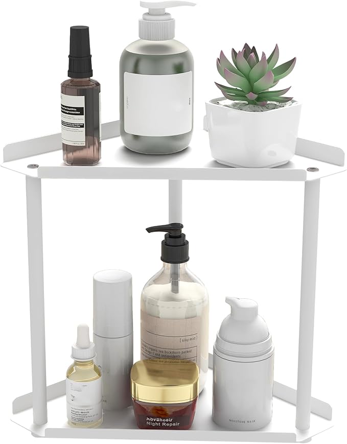 2 Tier Bathroom Counter Organizer, Vanity Organizer Corner Shelf, Skincare, Makeup Countertop Organizers, Kitchen, Bathroom Counter Storage, White
