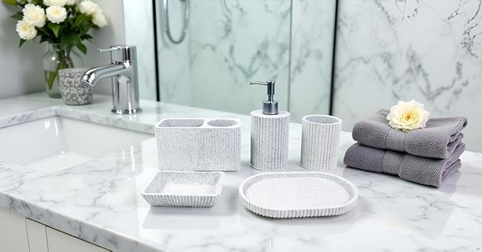 Hymmah Marble Pattern Bathroom Accessories Set, Toothbrush Holdr Set, 5 Pieces Resin Bathroom Set with Toothbrush Holder, Soap Dispenser, Soap Dish,Tumbler (Gray Granite)