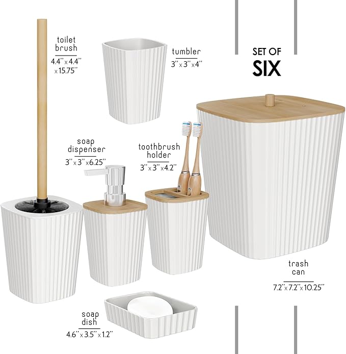 Clara Clark Bathroom Set - White Bathroom Accessories Set, 6PC Bathroom Accessory Set, Bathroom Sets with Toilet Brush, Trash Can & Soap Dispenser