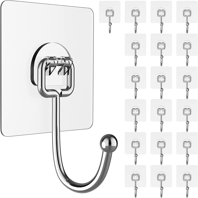 Large Adhesive Hooks for Hanging Heavy-Duty 44Ib(Max) 20 Packs, Wall Hangers without Nails Self-Adhesive Traceless Clear and Removable, Waterproof and Rustproof Multiple Uses for Bathroom Kitchen Home