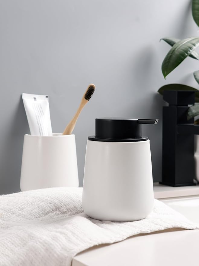 Bosilunlife Soap and Toothbrush Holder Set - Ceramic Bathroom Accessories Set White Liquid Hand Soap Dispenser Set for Bathroom Toothbrush Holder and Soap Dispenser Set