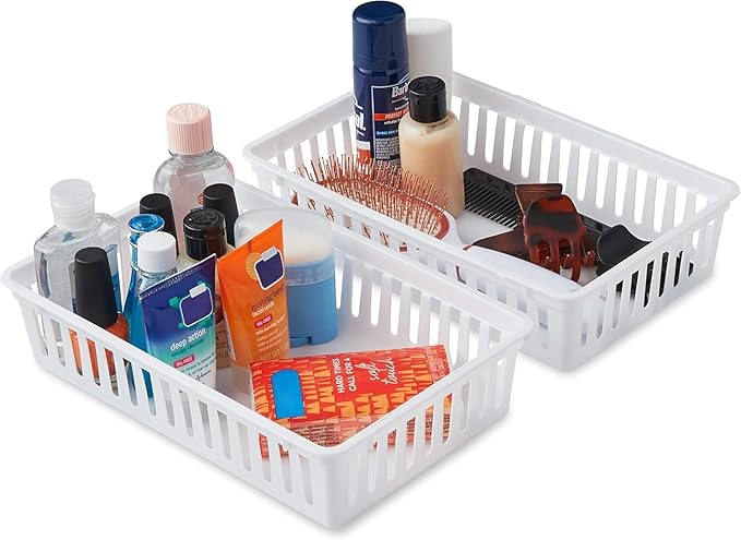Tribello Plastic Bin Baskets for Organizing, White Storage Tray, Rectangle 9 x 6 x 2 - Pack of 4 - Made in USA