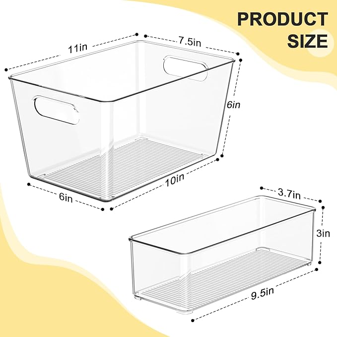 Joymeezo Set of 8 Clear Plastic Storage Bins, 6 Large +2 Small Pantry Organizers and Storage Containers for Kitchen Organization, Home Storage Essentials for Office, Closet, Garage, Freezer& Bathroom