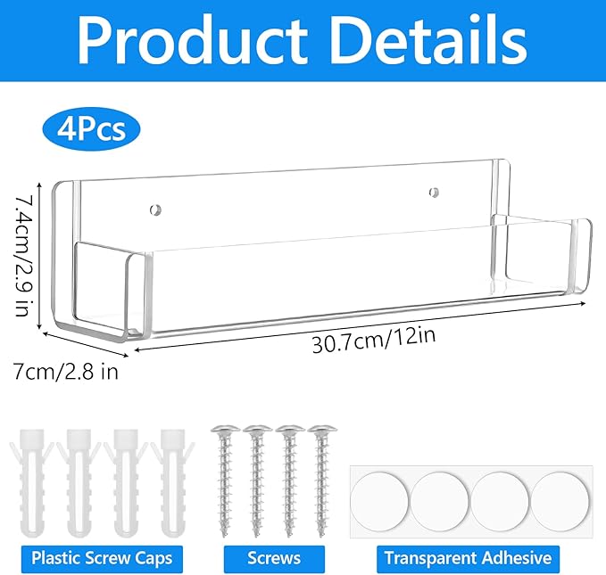 Acrylic Spice Rack Wall Mount 12 Inch, Clear Spice Shelf Storage Holder, 4 Pack Hanging Seasoning Rack Organizer for Cabinet Door, Cupboard or Wall Kitchen (Adhesive or Screw)