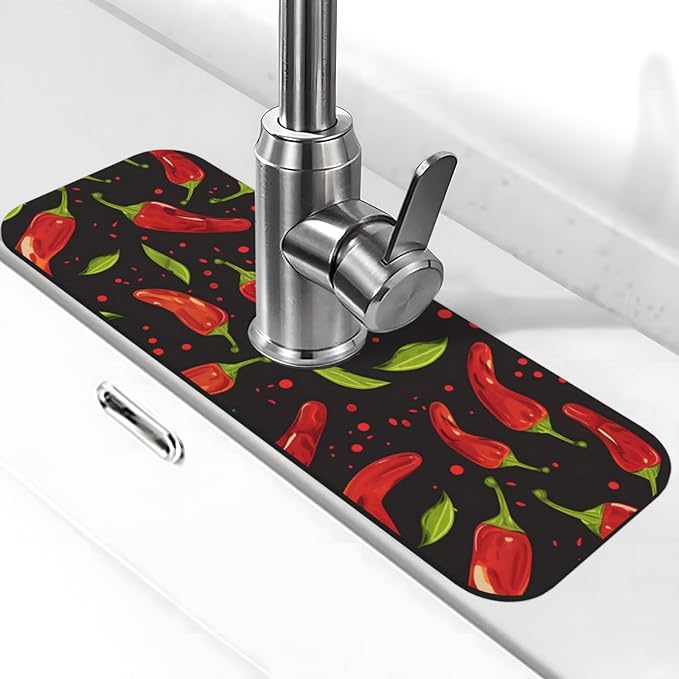 Faucet Draining Mat For Kitchen Sink, Red Chili Pepper Diatom Mud Absorbent Drain Pad For Bathroom Kitchen Sink Splash Guard Drying Mat