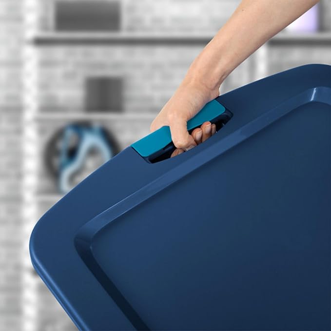 Sterilite 18 Gal Latch and Carry, Stackable Storage Bin with Latching Lid, Plastic Container to Organize Closets, Clear with Blue Lid, 18-Pack