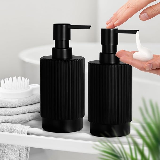 Hand and Dish Soap Dispenser Set for Kitchen, 2 Pack 11 fl oz Matte Black Ribbed Glass Soap and Lotion Dispensers Sets with Pump for Bathroom, Modern Refillable Liquid Soap Pump Bottle