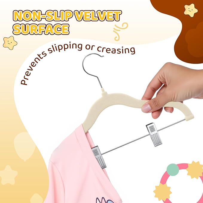 Flottian 36-Pack Baby and Kids Velvet Hangers with Clips, Non Slip and Space-Saving Kids Pants Hangers for Baby/Toddler Pants, Skirts, Coats, Beige