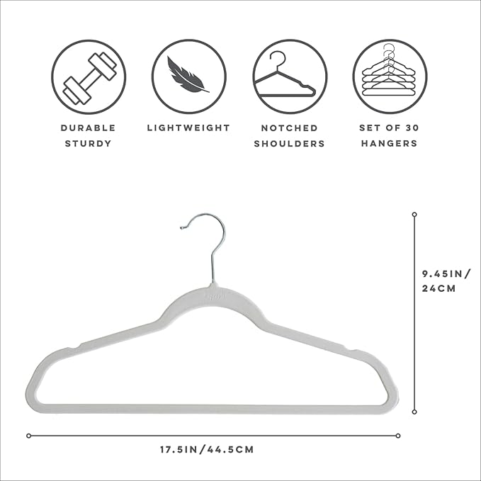 3 Sprouts - Adult Velvet Hangers - Non Slip Felt Clothing Hanger Set - Durable & Slim for Space Saving - Ideal Velvet Hangers for Organization - Lightweight Thin Clothes Hangers - Pack of 30 - Gray