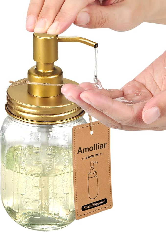 Amolliar Mason Jar Liquid Soap Dispenser -Rustproof Stainless Steel Farmhouse Decor for Bathroom Vanities,Kitchen Sink/ Liquid Soap Pumps for Hand Soap,Dish Soap,Lotions/Golden -2 Pack